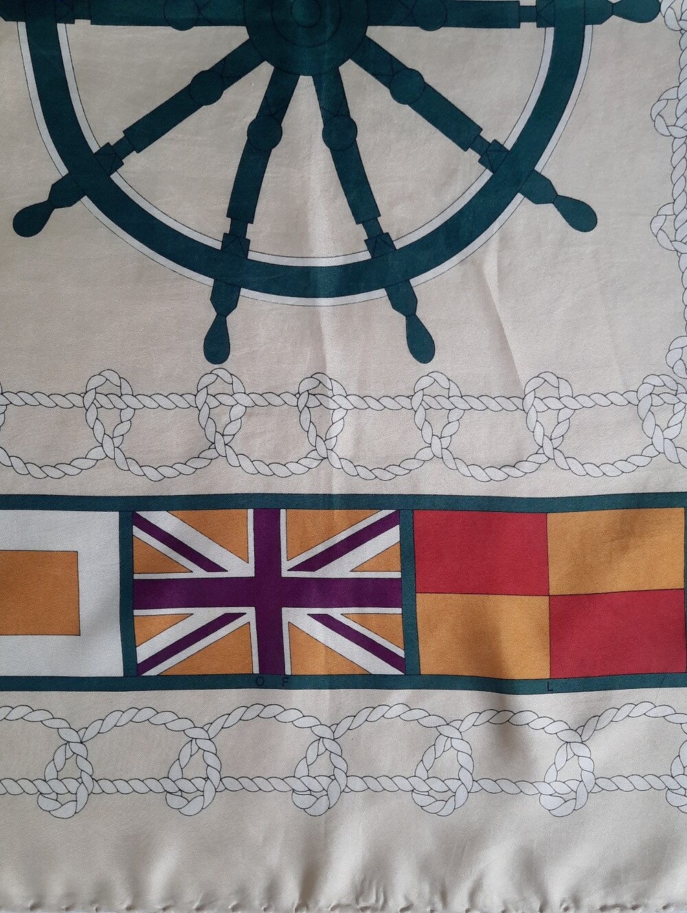 Vintage BURBERRY Nautical Wheel & Flags Square Silk Scarf 33" Ecru/Multi - Picture 6 of 11